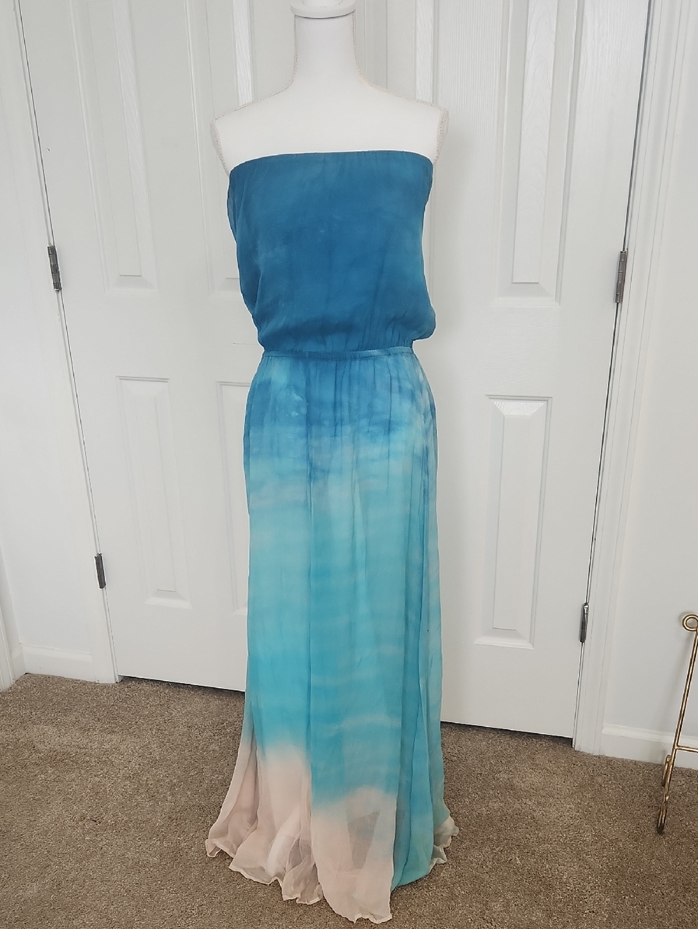 Gypsy05 Watercolor Ombre Strapless Maxi Dress S Boho Blue *flawed